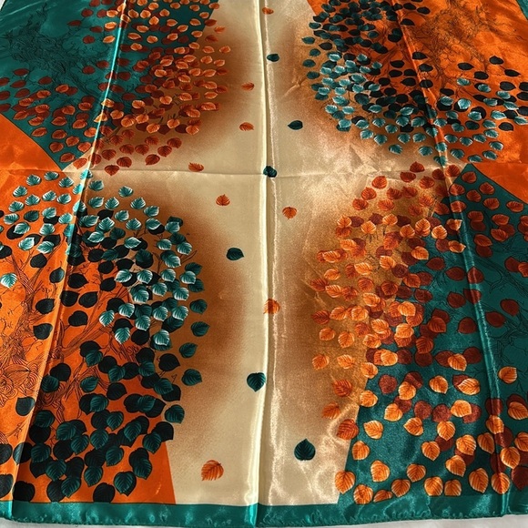 2245- Tree Print Silk-Feel Square Scarf Orange Green Teal 100% Polyester NWT - Picture 6 of 10